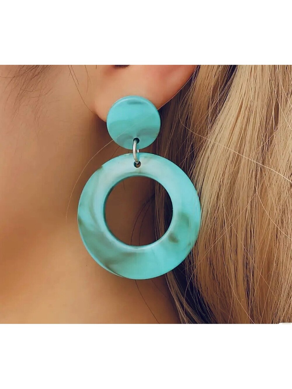New - Unique Teal Resin Round Dangle Earrings